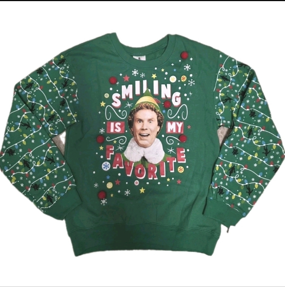 Elf Women's Kids Sweatshirt Smiling Is My Favorite Size Medium Green Christmas
